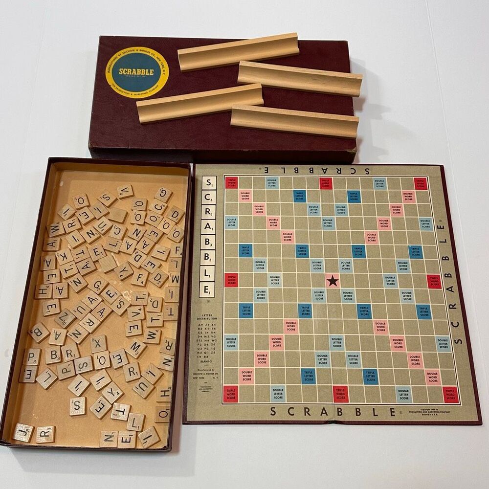 Vintage 1953 Scrabble Board Game w/ Wood Tiles and Holders Original Box
